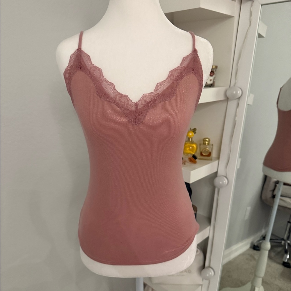 EXPRESS Fitted Rose Gold Pink Lace Trim Camisole- Small
